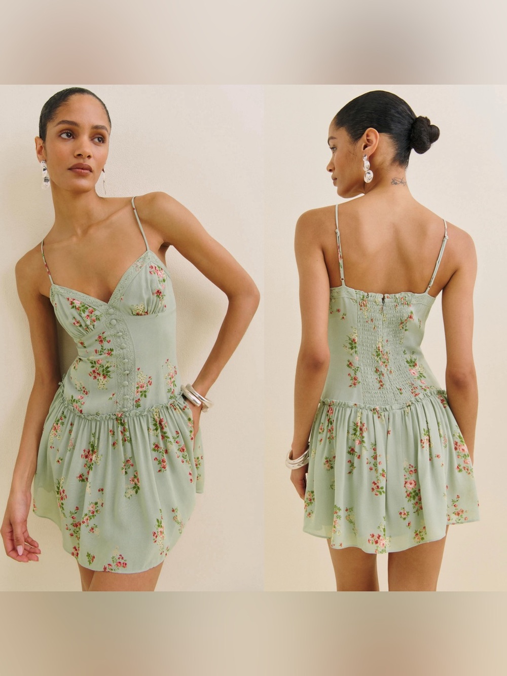 Reformation Light Sage Green Floral Citrus Dress Size 0